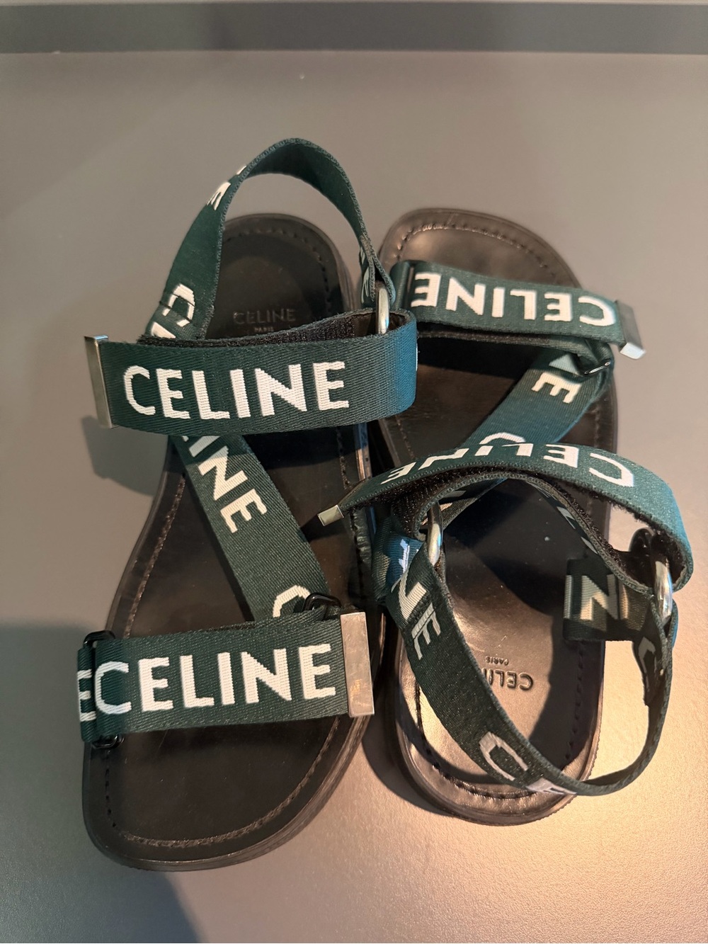 Celine Green Logo Strap Sandals